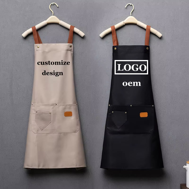 Customized Embroidery Print Logo Signature Waterproof Kitchen Aprons Home Chef Baking Clothes with Pockets Adult Bib Waist Bag