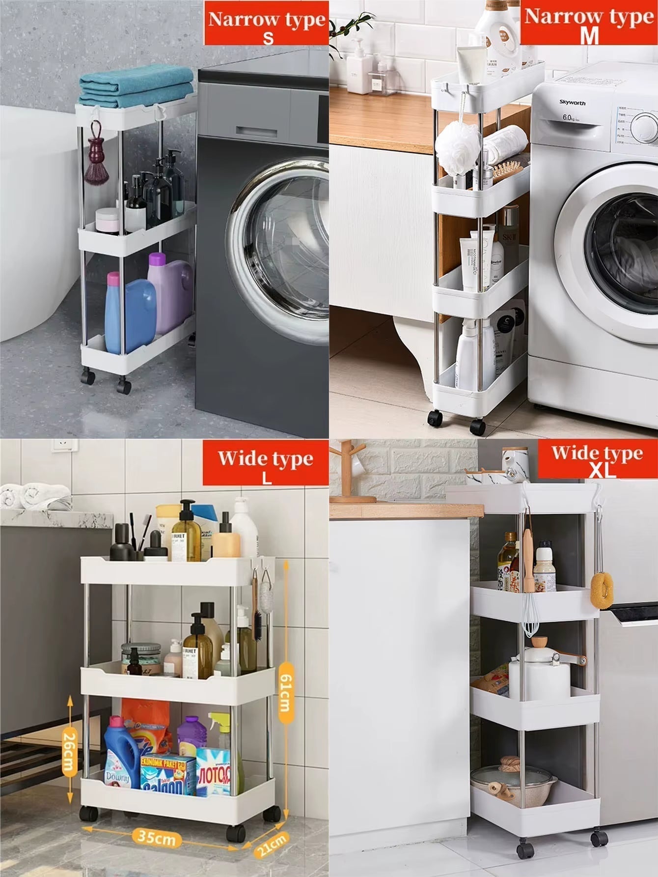 1Pcs 3/4 Tier Rolling Utility Cart Storage Shelf Movable Gap Storage Rack Kitchen Bathroom Slim Slide Organizer Shelf Livingroom