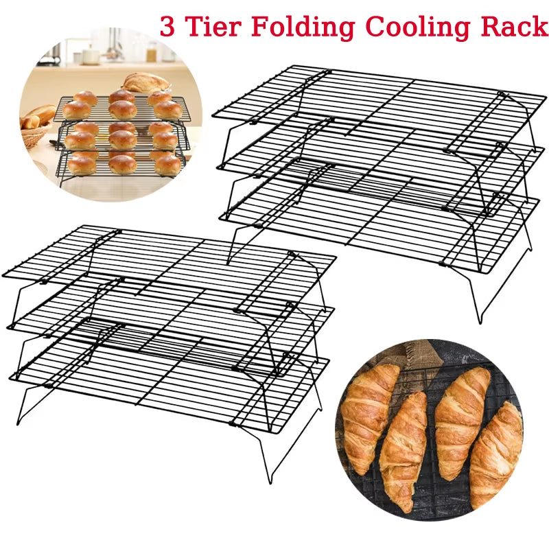 Stainless Steel 3 Layer Foldable Non Stick Wire Grid Baking Tray Cake Cooling Rack Oven Pizza Bread Holder BBQ Shelf Kitchen