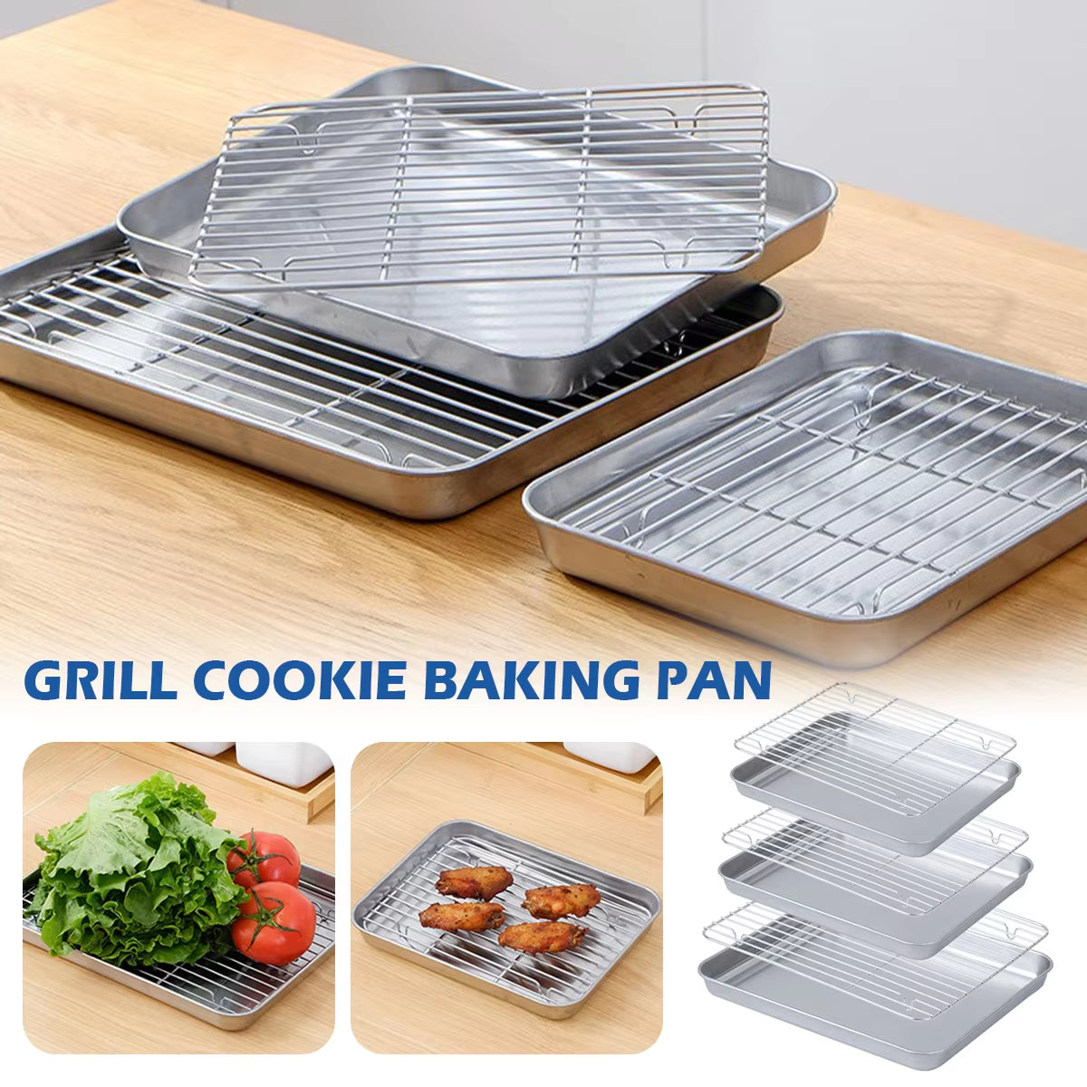 Stainless Steel Baking Pan Tray with Wire Rack Cake Baking BBQ Pan Tray Plate Oven Brownie Rack Cooking Roasting Grilling Tool