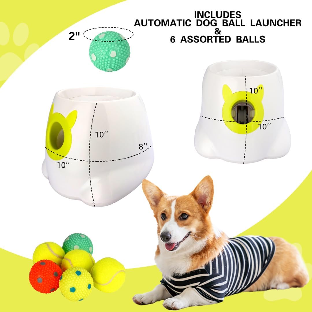 Automatic Dog Ball Thrower Launcher Dog Fetch Machine for Small to Medium Sized Dogs Adjustable Launch Distances Ball Launcher for Dogs with 6 Balls Dual Power Ball Thrower for Dogs