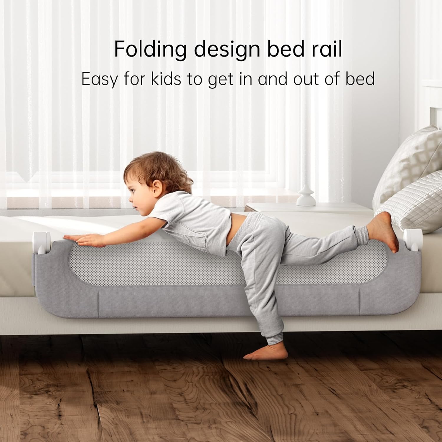 Folding Bed Rail for Toddlers,Safety Baby Bed Rail Guard,Kid Bed Rail with Reinforced Anchor Safety System,Bed Rail for Baby Fit Bunk,Full Size,Queen,King,Twin(Grey,59"X23.6")