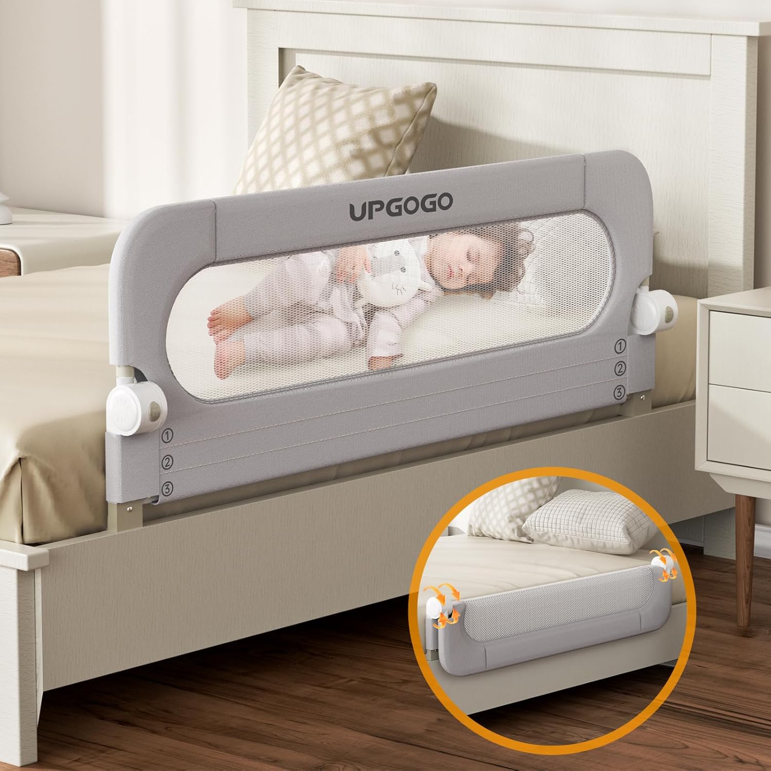 Folding Bed Rail for Toddlers,Safety Baby Bed Rail Guard,Kid Bed Rail with Reinforced Anchor Safety System,Bed Rail for Baby Fit Bunk,Full Size,Queen,King,Twin(Grey,59"X23.6")