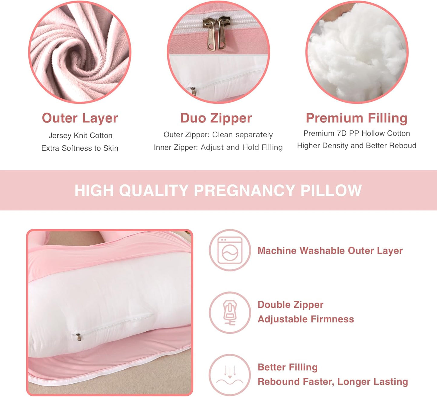 Pregnancy Pillow, Full Body Maternity Pillow 57 Inch, with Removable Washable Cover - Sleep Support for Legs, Back, Neck, Shoulder, HIPS, Belly for Pregnent Women, Jersey Knit Cotton (Pink)