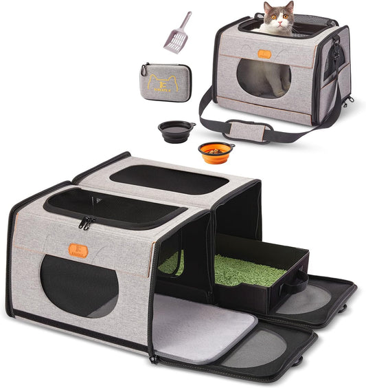 Ultimate 2-in-1 Large Cat Carrier with Litter Box - Perfect for Travel with 2 Cats, Collapsible Design for Easy Storage!