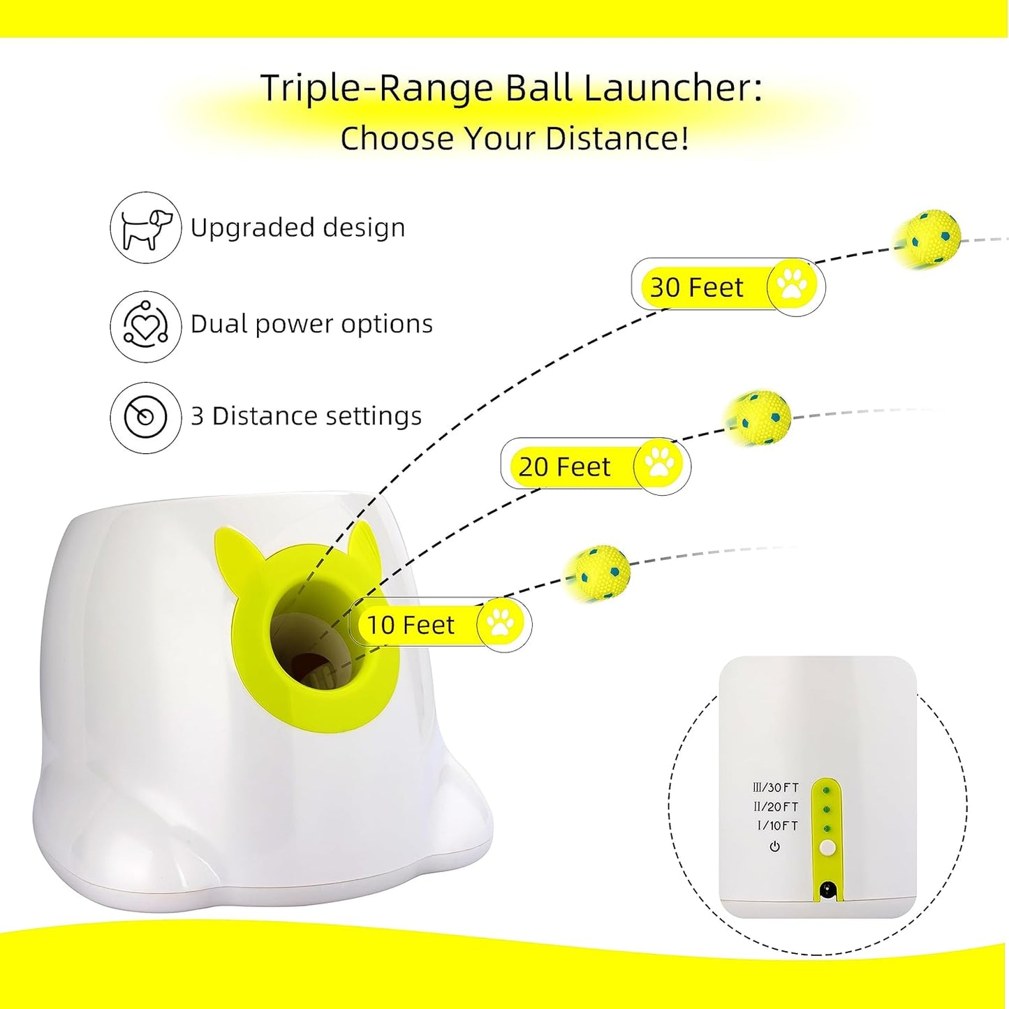 Automatic Dog Ball Thrower Launcher Dog Fetch Machine for Small to Medium Sized Dogs Adjustable Launch Distances Ball Launcher for Dogs with 6 Balls Dual Power Ball Thrower for Dogs