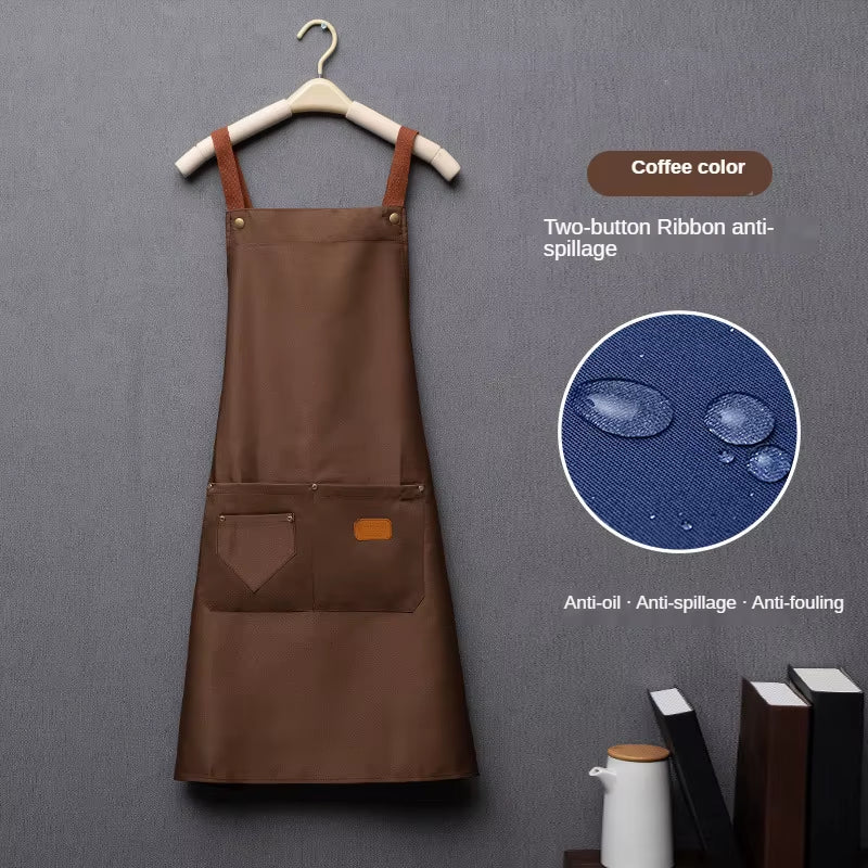 Customized Embroidery Print Logo Signature Waterproof Kitchen Aprons Home Chef Baking Clothes with Pockets Adult Bib Waist Bag