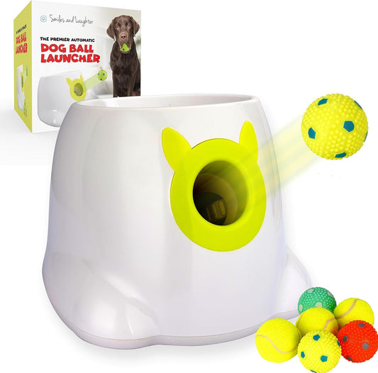 Automatic Dog Ball Thrower Launcher Dog Fetch Machine for Small to Medium Sized Dogs Adjustable Launch Distances Ball Launcher for Dogs with 6 Balls Dual Power Ball Thrower for Dogs