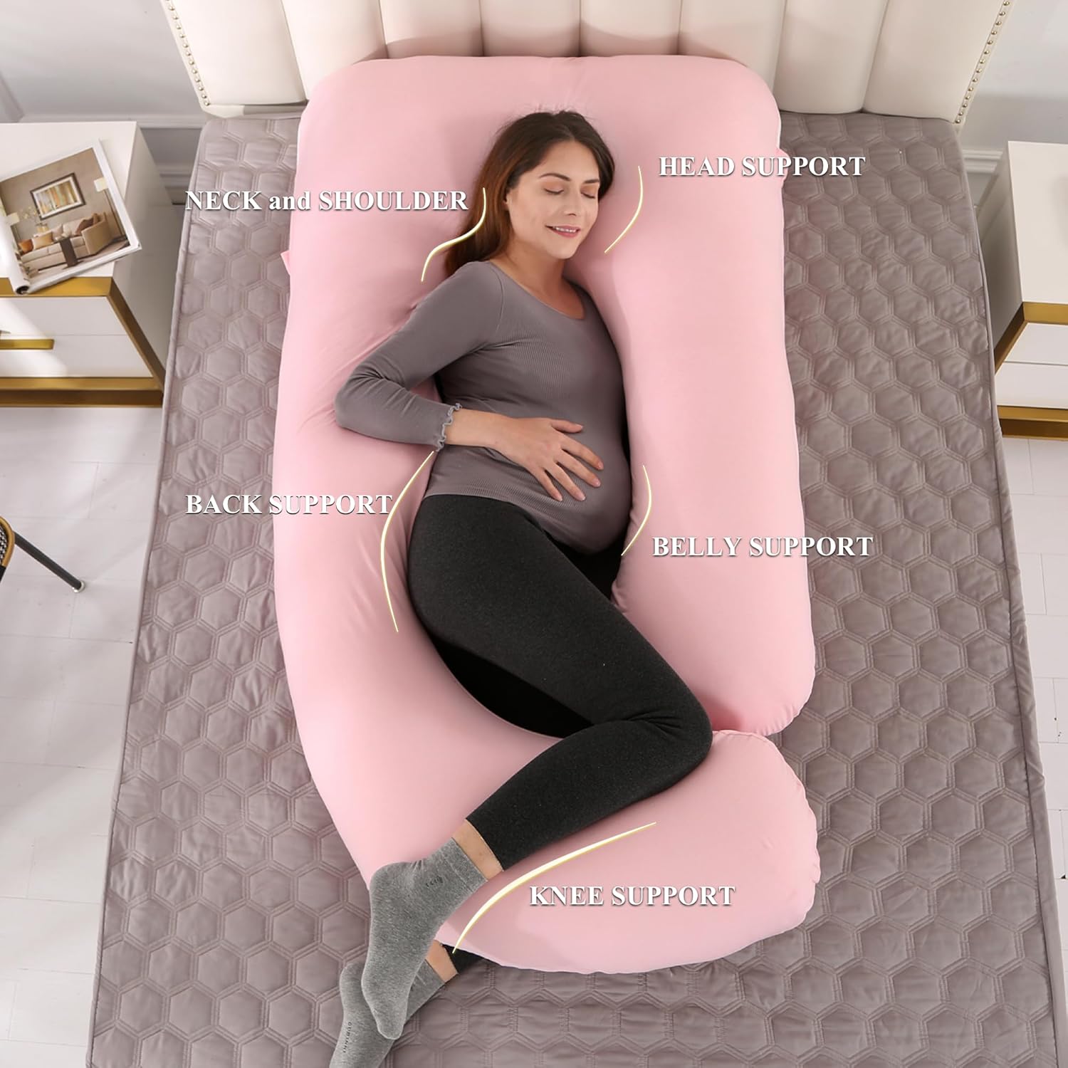 Pregnancy Pillow, Full Body Maternity Pillow 57 Inch, with Removable Washable Cover - Sleep Support for Legs, Back, Neck, Shoulder, HIPS, Belly for Pregnent Women, Jersey Knit Cotton (Pink)