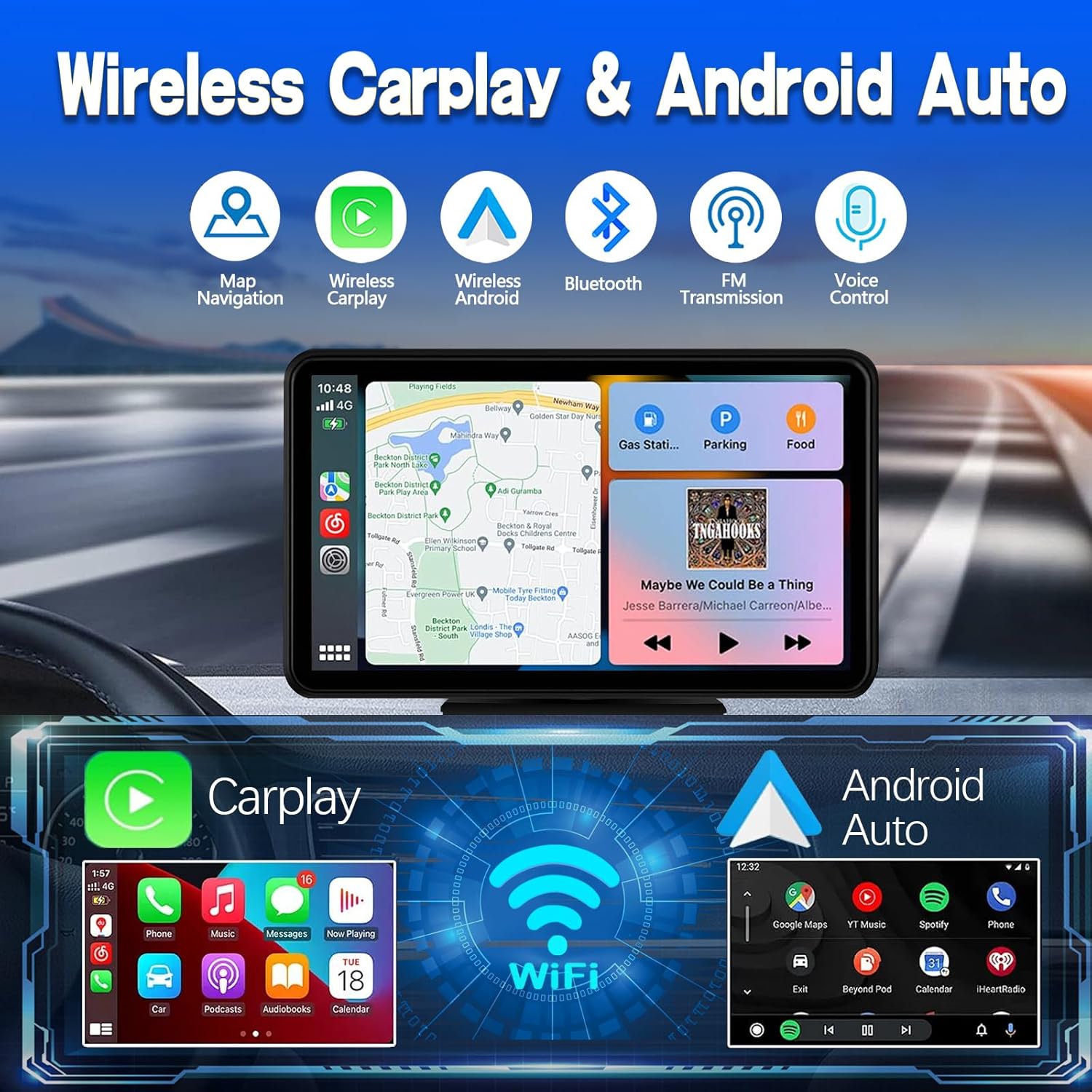 Wireless Carplay Screen for Car 7" HD Portable Car Stereo Touchscreen with Apple Carplay and Android Auto with Mirror Link/Backup Camera/Bluetooth/Gps Navigation/Aux for All Vehicles