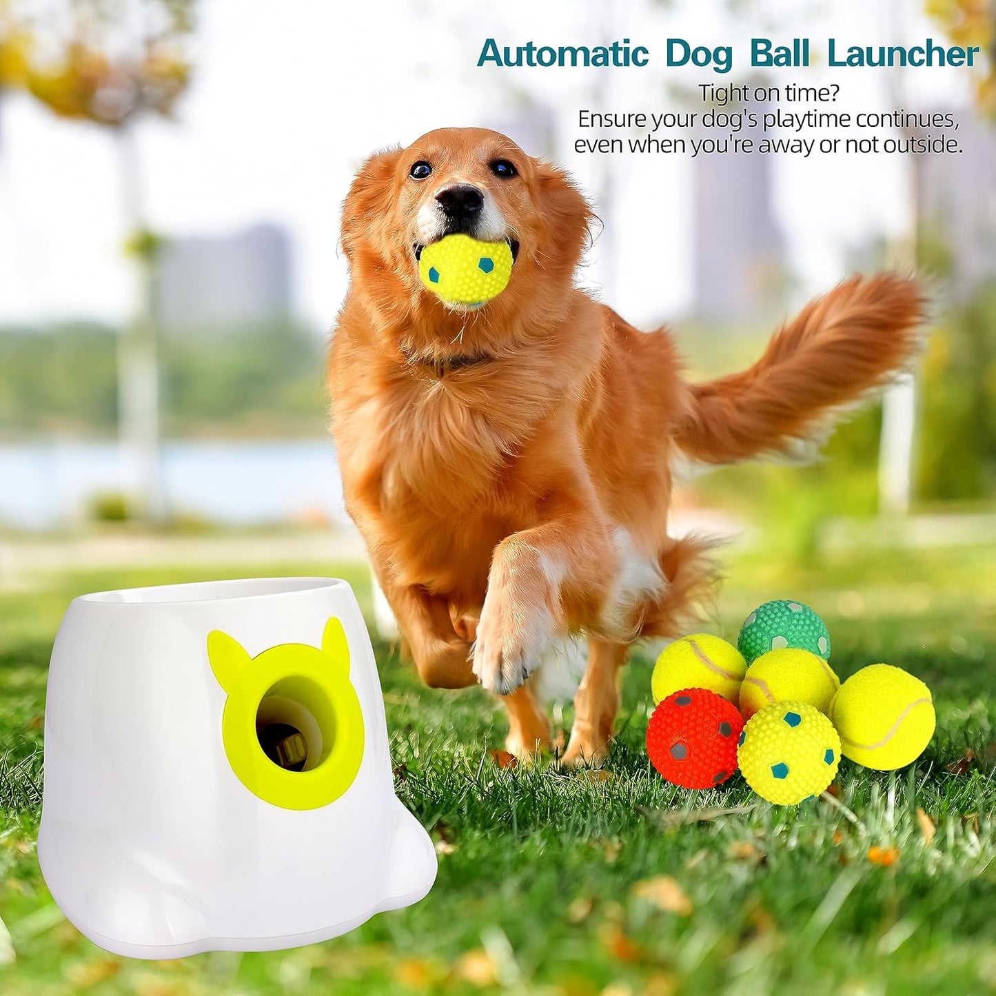 Automatic Dog Ball Thrower Launcher Dog Fetch Machine for Small to Medium Sized Dogs Adjustable Launch Distances Ball Launcher for Dogs with 6 Balls Dual Power Ball Thrower for Dogs