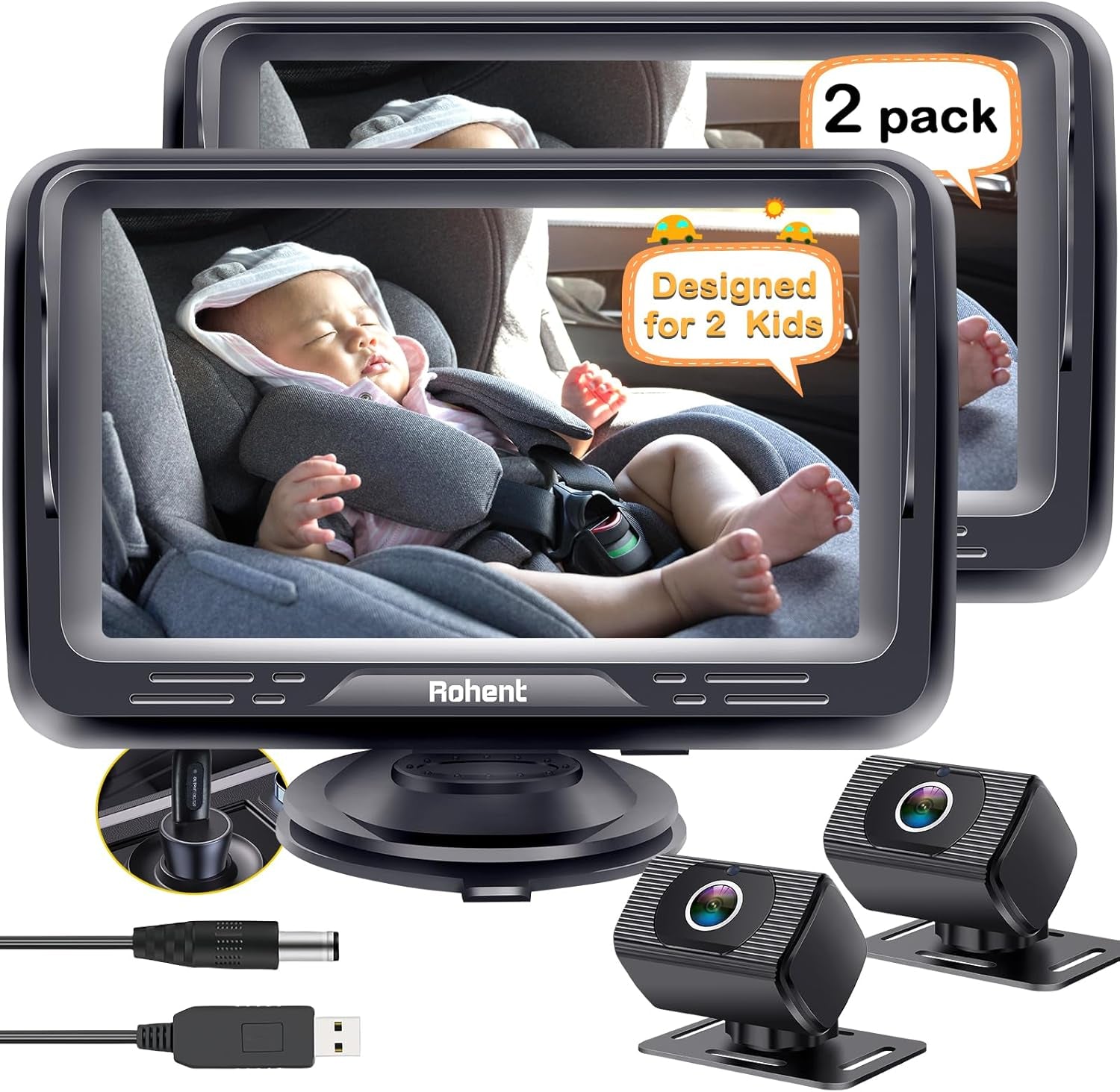 Baby Car Camera 2-Pack - Dual HD 1080P Monitors with Night Vision, Adjustable Angles, Glare-Free Display, Easy Installation for Two Kids, Ideal for Road Trips