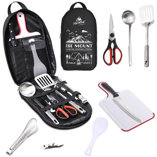 Portable Travel Utensils Set 9Pcs Stainless Steel Camping Kitchen Cookware Set Kitchenware for Backpacking BBQ Camping Picnic