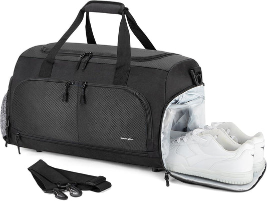 Boarding Blue Gym Travel Bag for Women & Men-20 Inches Lightweight Duffel Bag with Wet Pocket Shoe Compartment Including Water Resistant Pouch (Black)