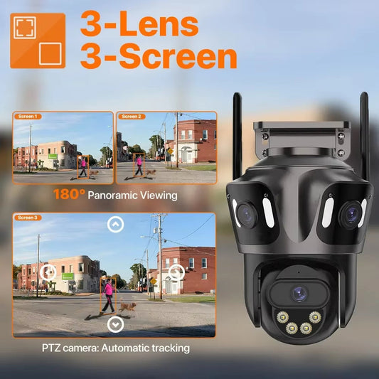 Three Lens Outdoor WIFI IP Camera Three Screen PTZ Camera 4K HD Ai Human Detection IP66 Waterproof CCTV Video Security Cam Icsee