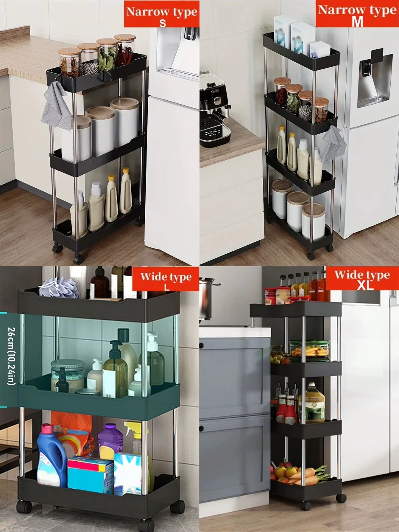 1Pcs 3/4 Tier Rolling Utility Cart Storage Shelf Movable Gap Storage Rack Kitchen Bathroom Slim Slide Organizer Shelf Livingroom