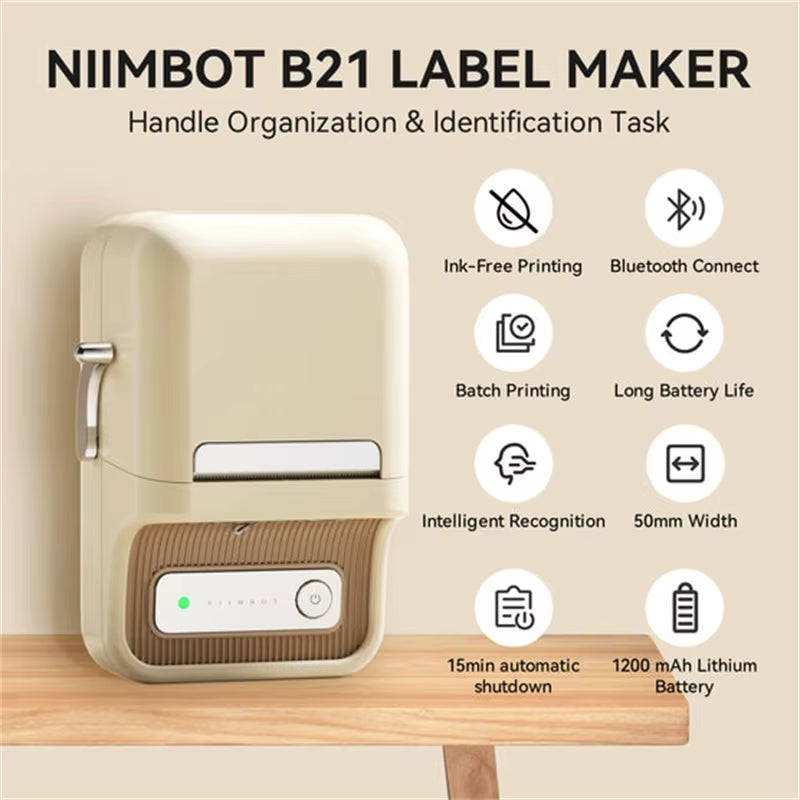 B21 Portable Thermal Printer 1500Mah Wireless Sticker Printer with Self-Adhesive Labels for Barcode Clothing Jewelry