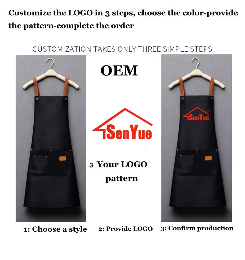 Customized Embroidery Print Logo Signature Waterproof Kitchen Aprons Home Chef Baking Clothes with Pockets Adult Bib Waist Bag